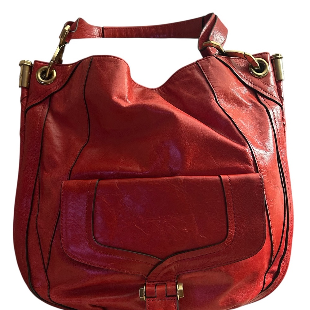 orYANY Red Leather Shoulder Bag with Gold tone Accents